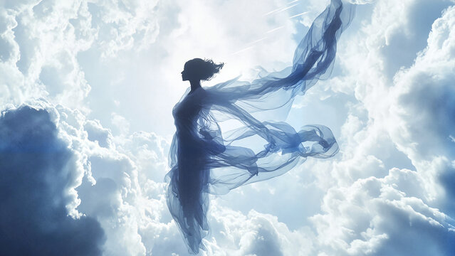 Cloud dancer with ethereal grace in a blue sky, colour of the year, announced colour of 2026, creative advertising campaigns, inspirational posters, contemporary art editorials, fashion campaigns
