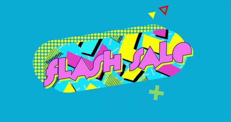Showing capsule featuring magenta FLASH SALE text on turquoise with yellow halftone band and shapes