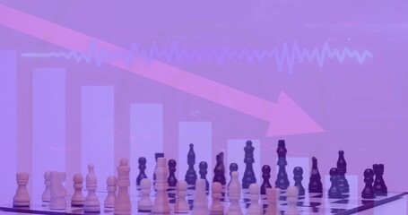 Featuring wooden chessboard showing two-tone set on shiny table, adding purple overlay, down arrow © vectorfusionart