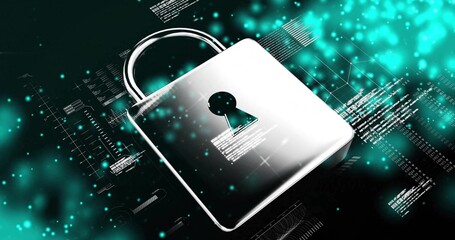 Shining metallic padlock reflecting teal code and circuit diagrams in cyberspace, showing keyhole