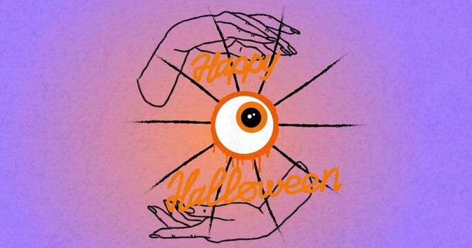 Showing central eyeball dripping orange ring on purple-peach gradient, with hands, Happy Halloween