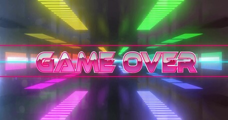 Fototapeta premium Glowing neon GAME OVER sign dominating virtual corridor, mirroring magenta frames on glossy floor