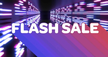 Fototapeta premium Displaying bold white FLASH SALE banner diagonally across neon corridor, casting floor reflections