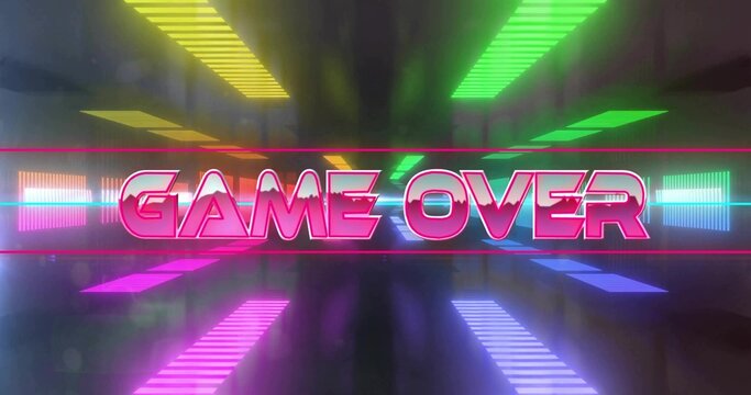 Glowing neon GAME OVER sign dominating virtual corridor, mirroring magenta frames on glossy floor