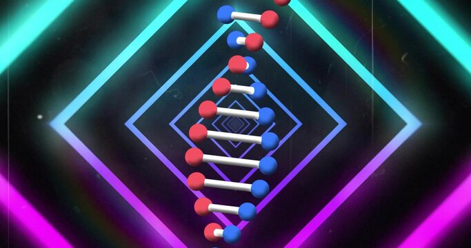 Rotating DNA helix model glowing in abstract studio, with neon diamond frames, colored beams, grain