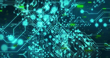 Showing central glowing cyan circuit network pulsing across dark gradient with nodes, flares binary