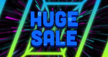 Fototapeta premium On ad load 3D HUGE SALE text advancing, neon tunnel receding, radial streaks racing promoting sale