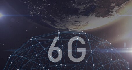 Fototapeta premium Displaying wireframe geodesic dome with white node points and 6G label over planet limb