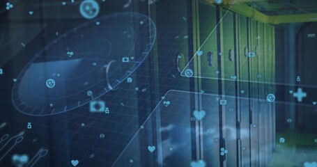 Projecting translucent AR HUD overlaying corridor with lockers, heart camera mic med+ lock icons