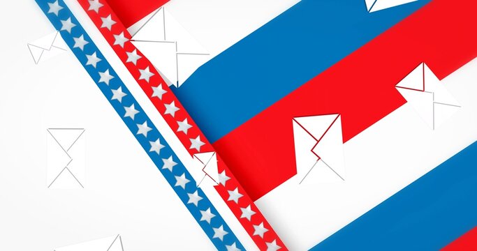 Displaying diagonal patriotic ribbons crossing studio backdrop, with star band, envelope outlines