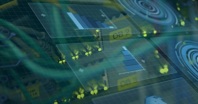 Displaying PCB with ports, green cables, yellow LEDs and DB2 label in chassis, holo overlays