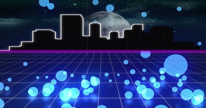 Framing black skyline white neon outlined at magenta horizon, with grid, floating blue orbs, moon