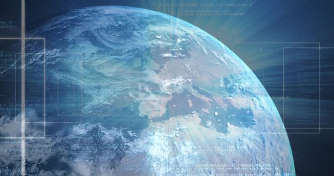 Showing Planet Earth partial disc rotating in low orbit, with HUD overlays and sunlit limb
