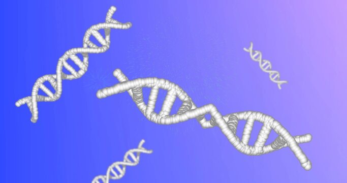Floating large white DNA double-helix drifting in blue-purple gradient backdrop, with three helices