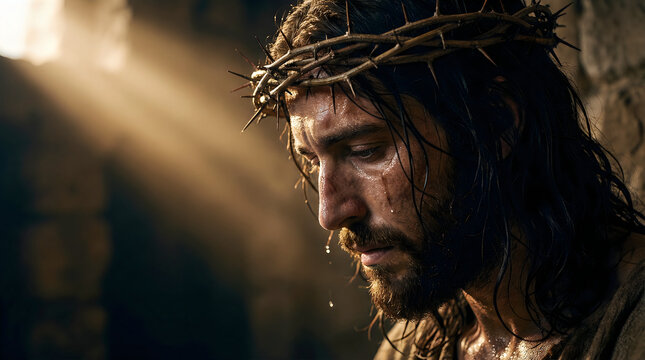Dramatic cinematic profile portrait of Jesus Christ wearing a crown of thorns, looking down