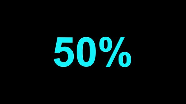 Bright cyan 3D fifty percent symbol with a distinct shadow on a black background signifying a discount or a halfway point