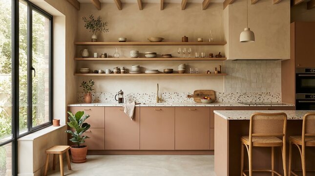 Contemporary kitchen interior showcasing matte clay cabinetry, open shelving, and a large window, creating a warm, minimalist, and naturally lit domestic space
