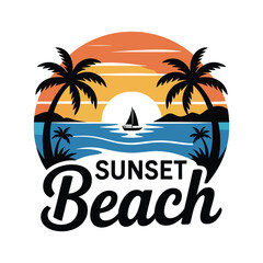 Obraz premium Vibrant sunset scene at a tropical beach with sailboat and palm trees