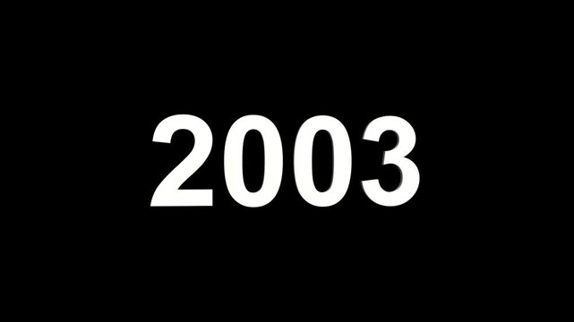 Crisp white 3D number 2003 rendered with depth against a solid black background representing a year or numerical value