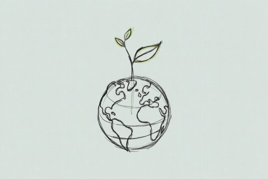 Clean line drawing of Earth globe with two-leaf seedling on teal green background.