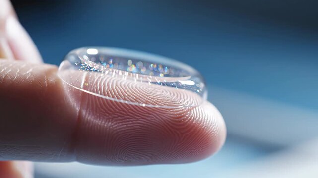 Fingertip balancing contact lens. Close-up sequence of finger gently holding clear lens for eye insertion preparation. Vision correction accessory placement in optometry routine.