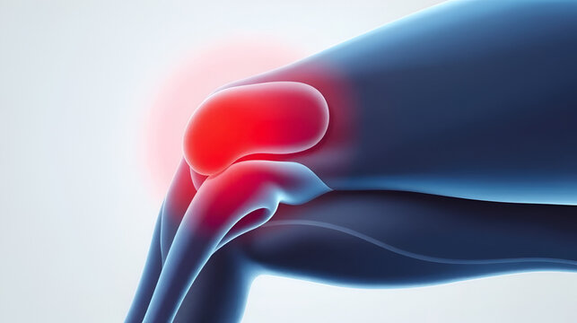 Medical illustration of a knee joint depicting inflammation or pain with a highlighted red area on a light background.