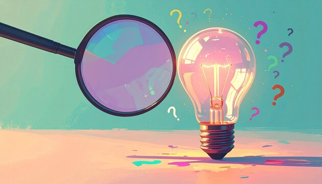 A glowing light bulb filled with a question mark shines amid confetti and magnified symbols, symbolizing curiosity, exploration, and the playful search for ideas.