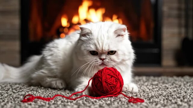 Fluffy white cat approaches red yarn ball by fireplace. Persian kitten swats and catches toy with paw. Cozy indoor pet play sequence capturing curious feline fun and relaxation moment for animal