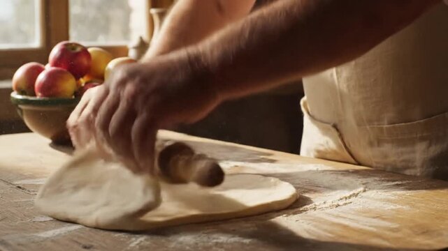 Man rolling dough on a floured table with apples in the background