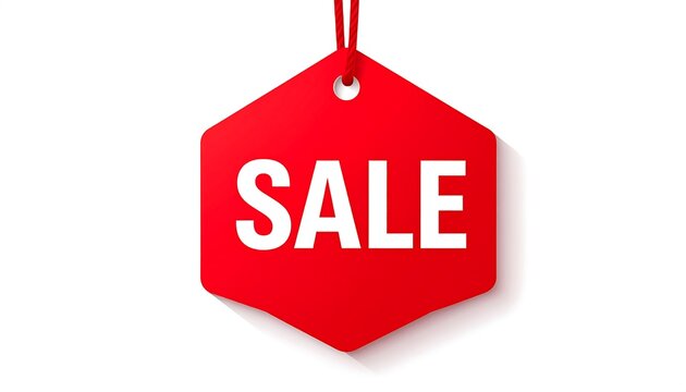 A red, hexagonal price tag with the word "SALE" in white letters, hanging by a red string, casting a shadow