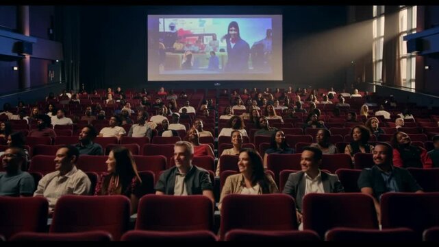 People watching a movie on a large screen in a dark theater