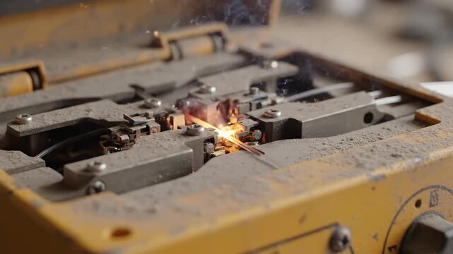 Fusion splicer device activates electric arc flashes to join optical fibers in precise splicing process. Technical engineering sequence for telecommunications connectivity and data transmission