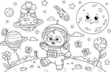 Whimsical cartoon astronaut in space with planets and flowers
