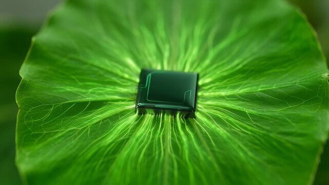Green technology concept: microchip on leaf