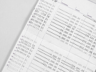 Fototapeta premium Bank account book statement balance number cash, data investment debt math in office, bill receipt and payment business credit card account, check paper financial loan tax concept.