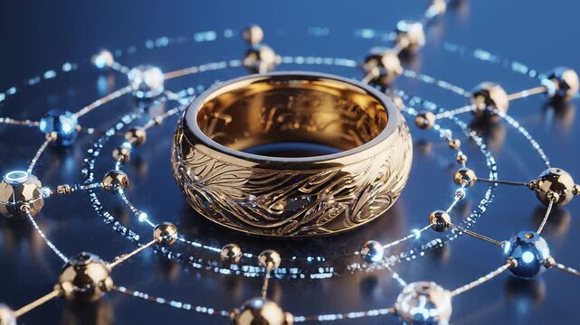 Golden Ring with Molecular Structure Background.