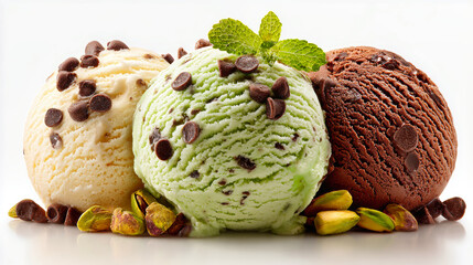 Fototapeta premium Three scoops of ice cream sit on a clean surface. The flavors are vanilla, chocolate, and pistachio, topped with nuts and chocolate pieces