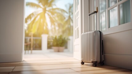 Fototapeta premium Silver suitcase positioned near an open doorway, illuminated by bright tropical sunlight, with palm trees visible in the background and wooden flooring enhancing the luxury ambiance