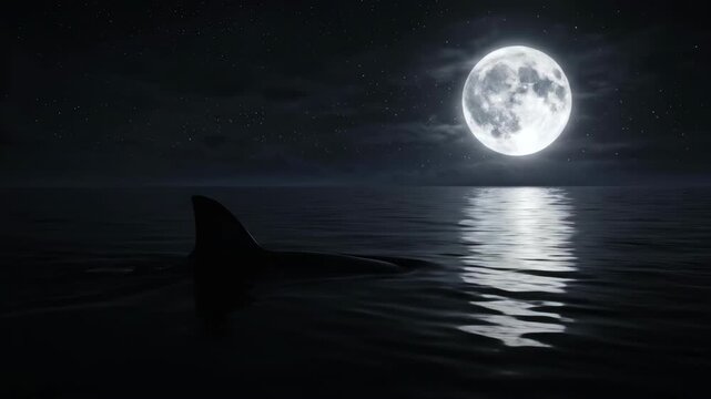 Midnight Hunt Shark Fin Silhouetted Under a Full Moons Gaze.