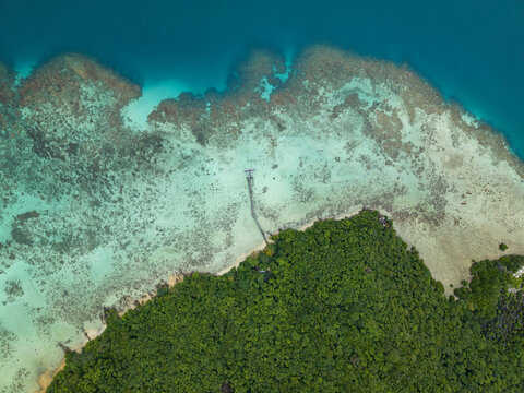 Aerial view of the vibrant turquoise water meeting the lush greenery of the island's edge, a serene blend of nature's artistry, Turtle Conservation, Karimunjawa, Central Java, Indonesia.