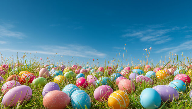 Colorful Easter eggs in spring grass under a blue sky &ndash; Easter background. A vibrant spring landscape with colorful Easter eggs on green grass under a clear blue sky. Easter celebration, Easter banner