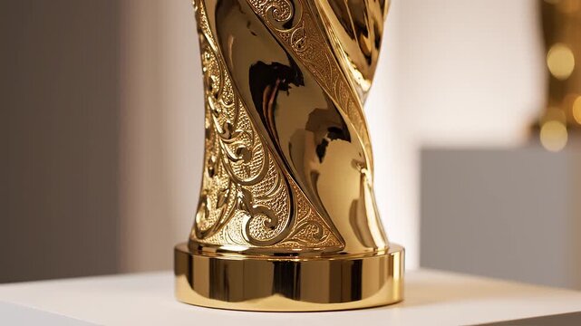 Golden trophy on white surface.