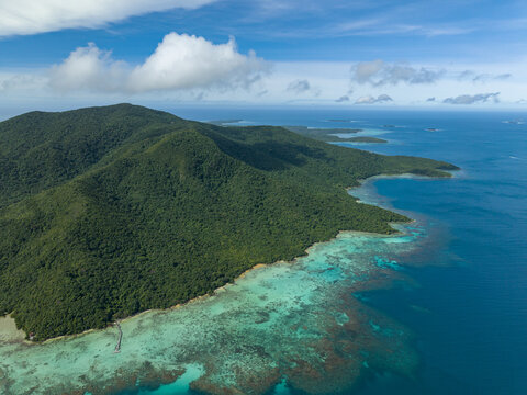 Aerial view of the lush green island meeting the turquoise sea with coral reefs along the coast, Turtle Conservation, Karimunjawa, Central Java, Indonesia.