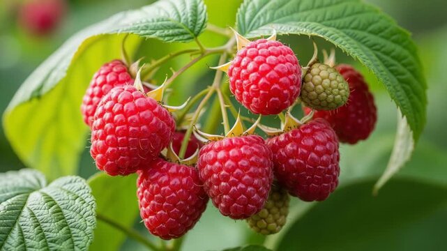 Fresh raspberries growing on a bush surrounded by green leaves  