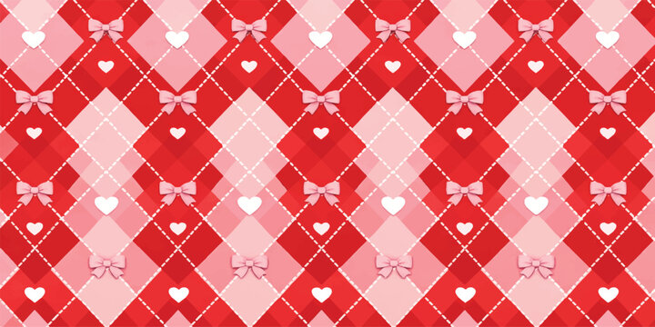 Red and Pink Argyle Heart Seamless Pattern Background with Diamond Checkered Valentine Textile Style Vector Design