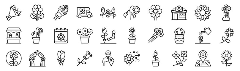 Naklejka premium Set of 30 outline icons related to flower. Linear icon collection. Editable stroke. Vector illustration