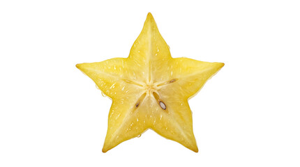 Fototapeta premium Golden starburst of carambola revealing its fresh core, dew-kissed and gleaming against a pristine white canvas