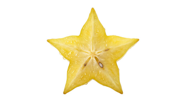 Golden starburst of carambola revealing its fresh core, dew-kissed and gleaming against a pristine white canvas