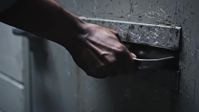 African american man pushing bread tray through prison cell door slot. Hand delivering sliced bread via metal food slot. Meal service sequence in jail facility.