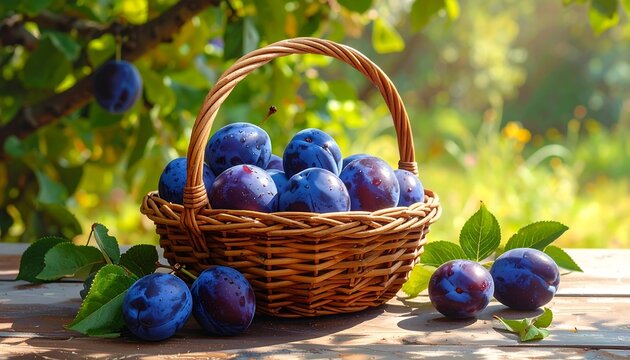 A rustic basket brimming with ripe, purple fruit sits on a wooden table, against a backdrop of sunlit leaves and soft bokeh